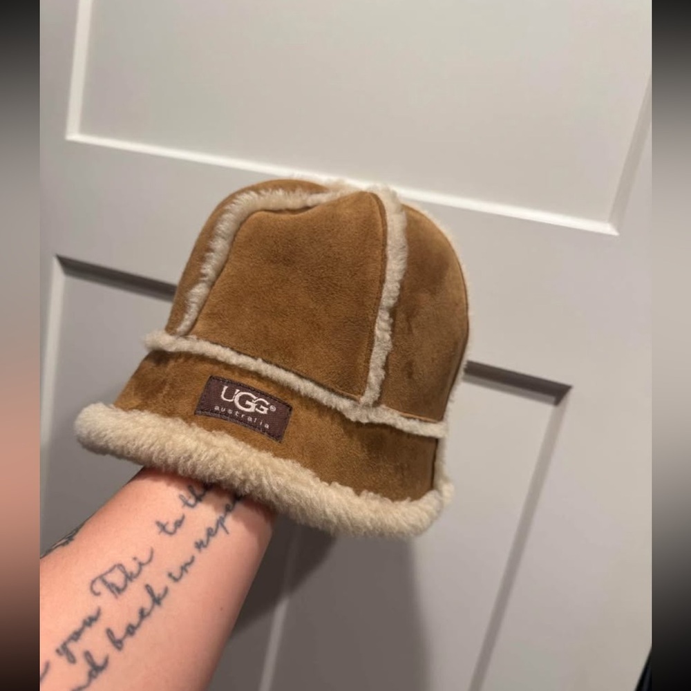 UGG Tan Shearling Cap with Cream Trim